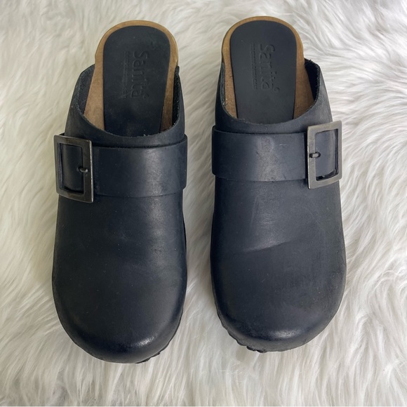 Sanita Black Leather Slip On Wooden Clogs Comfort Shoes Size 35 / 5 - Picture 7 of 8
